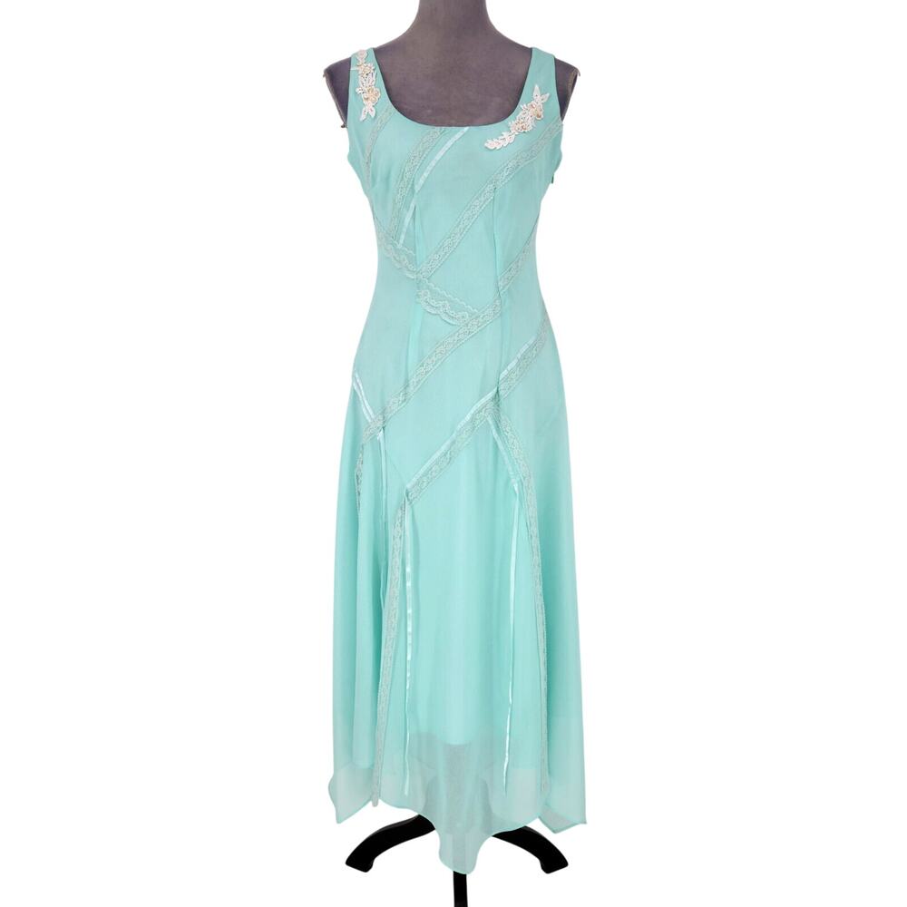 Together Dress Womens 10 Green Chiffon Lace Trim Flapper Handkerchief Hem Whimsy